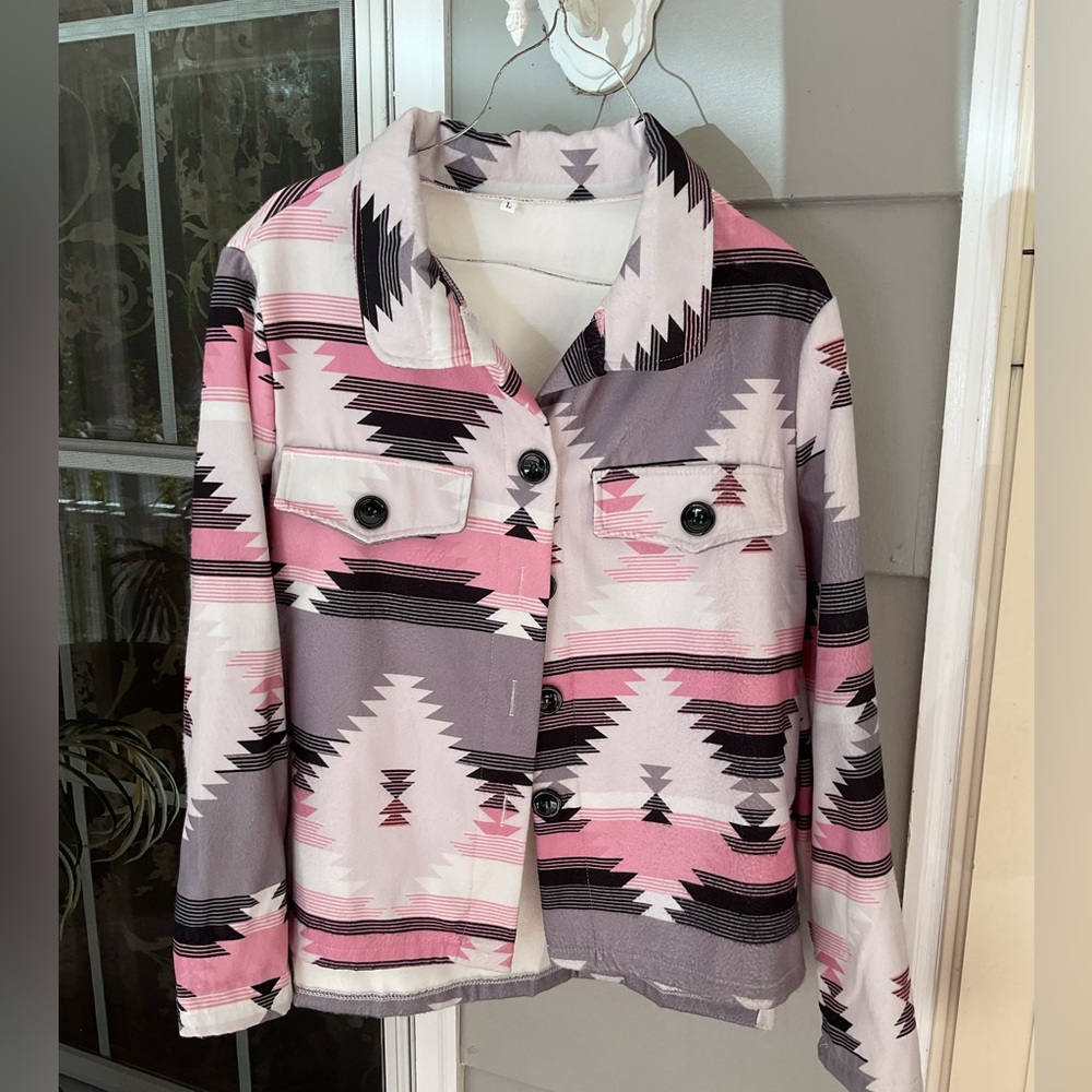 Boutique Not Branded Aztec Southwestern Button Jacket  Woman's SZ L Pink Black - Picture 3 of 16